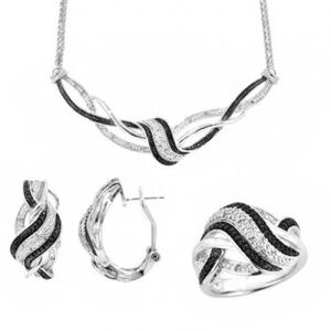 Sterling Silver Diamonds Necklace, Earrings and Size 7 Ring Complete Set